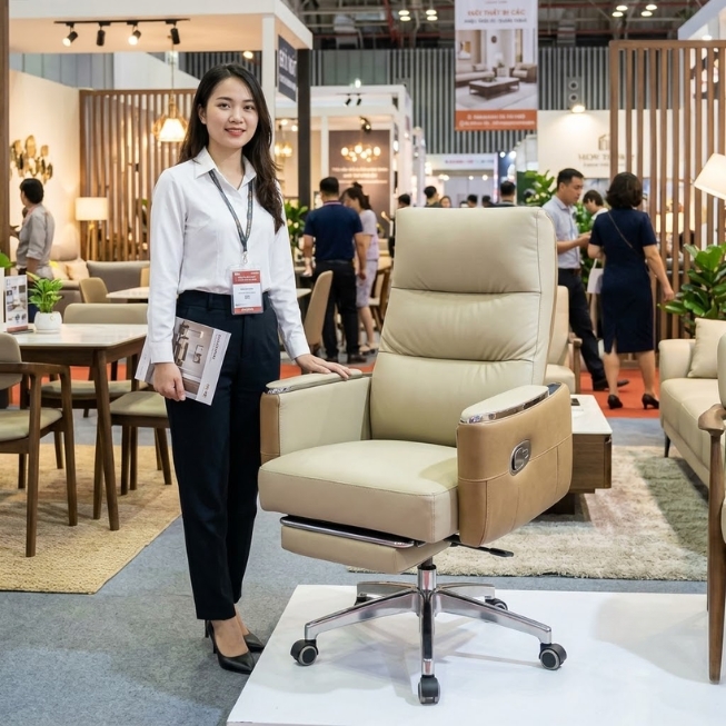 Ghế xoay giám đốc bọc da Pu màu kem có gác chân ngả lưng thư giãn: SG - 3809